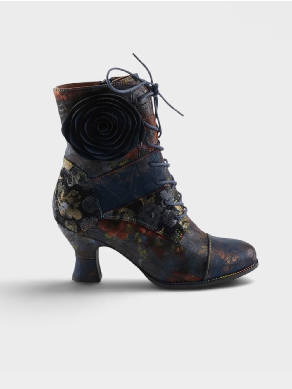 Floral Lace-Up Ankle Boots with Rosette Accent - Black Multi - Picture 5 of 5